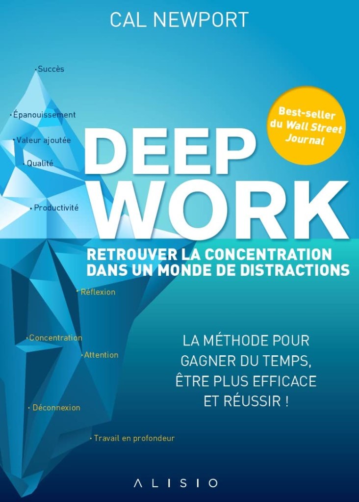 Couverture du livre 'Deep Work' par Cal Newport, présentant des concepts liés à la concentration et à la productivité dans un monde de distractions, avec des éléments graphiques géométriques.